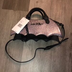 Luv Betsey Betsey Johnson Black Faux Leather Silver Sparkly Bat Crossbody NWT